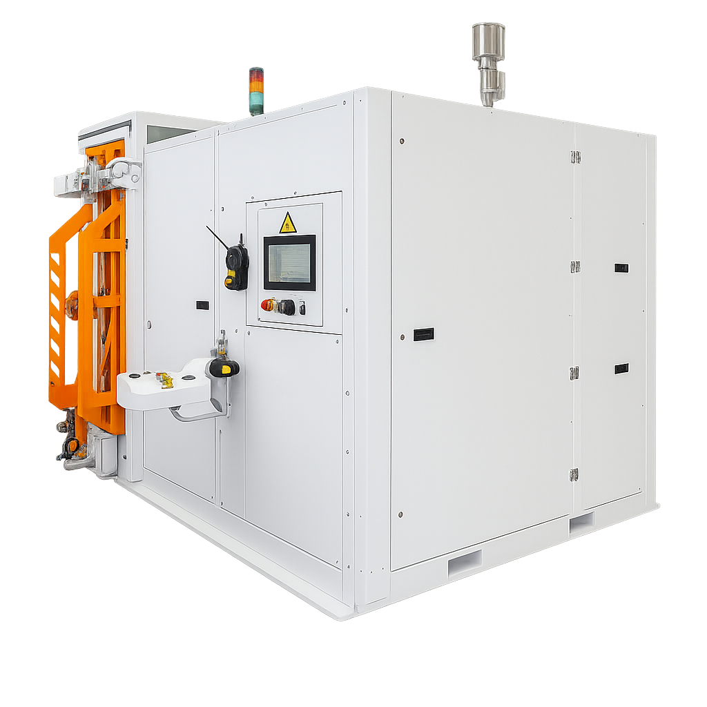 Autofrettage machine with open test chamber door and fixture