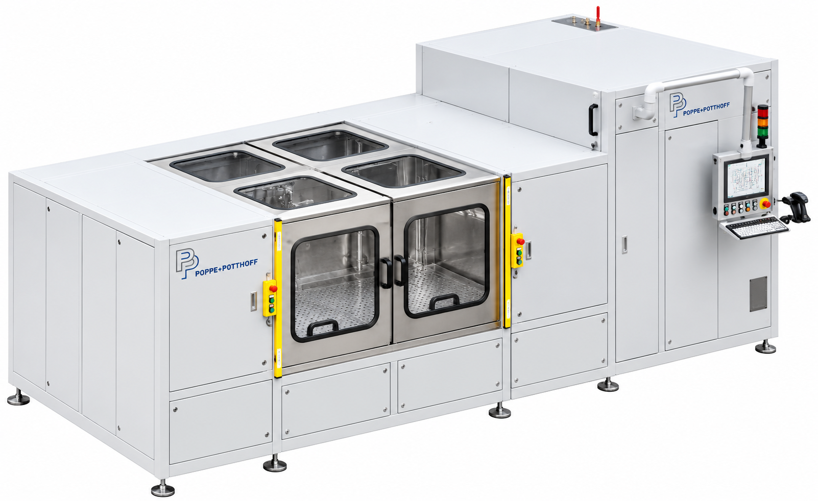 Poppe + Potthoff test system with test chamber, media supply and control panel for testing robotics components