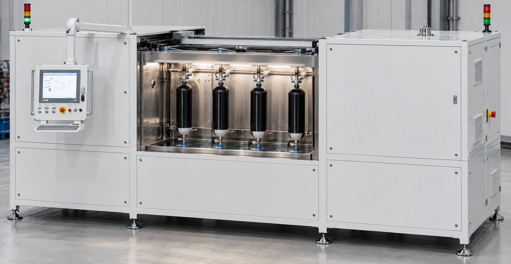 Open test chamber of a four-station hydrostatic test stand, with four breathing-air cylinders mounted on adapters above the water bath.