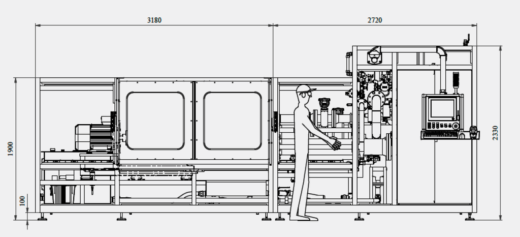 Dimensioned front view of the coolant pump leak test stand showing test chamber, drive and control cabinet