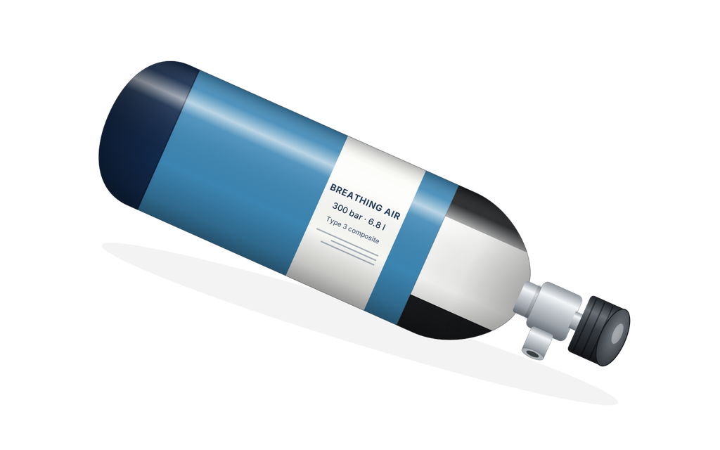 Illustration of a steel-blue Type 3 composite breathing-air cylinder with a white and black shoulder marking, a navy end cap and a cylinder valve with a dark handwheel, rated 300 bar and 6.8 litres